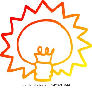 dibujo de línea de gradiente cálido de una bombilla luminosa brillante de dibujos animados