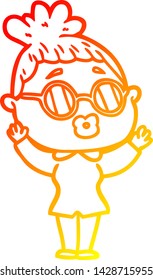 desenho de linha gradiente quente de uma mulher de desenho animado usando óculos