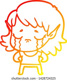 warm gradient line drawing of a cartoon crying elf girl