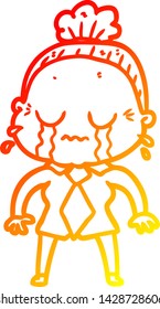 warm gradient line drawing of a cartoon crying old lady