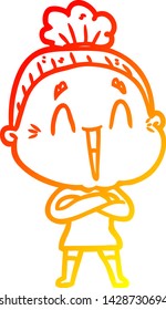 warm gradient line drawing of a cartoon happy old lady