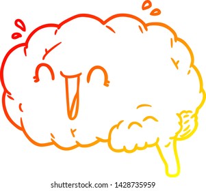 dibujo de línea de gradiente cálido de un cerebro de dibujos animados riendo