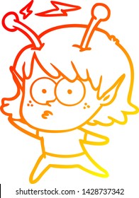 warm gradient line drawing of a cartoon alien girl