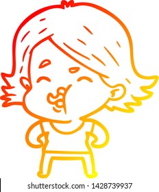 dibujo de línea de gradiente cálido de una niña de dibujos animados tirando de la cara