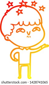warm gradient line drawing of a cartoon amazed boy