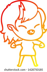 warm gradient line drawing of a cartoon laughing vampire girl