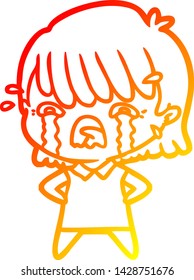 dibujo de línea de gradiente cálido de una niña de dibujos animados llorando