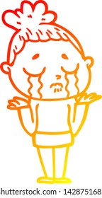 warm gradient line drawing of a cartoon crying woman shrugging