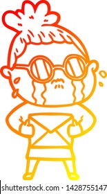 warm gradient line drawing of a cartoon crying woman wearing spectacles