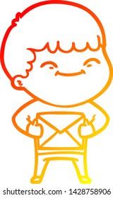 warm gradient line drawing of a cartoon happy boy
