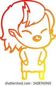 warm gradient line drawing of a cartoon laughing vampire girl