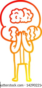 warm gradient line drawing of a cartoon big brain alien crying