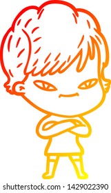 dibujo de línea de degradado cálido de una mujer feliz con dibujos animados
