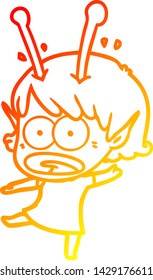 warm gradient line drawing of a cartoon shocked alien girl