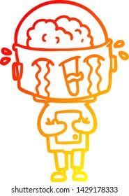 dibujo de línea de gradiente cálido de un robot llorando de caricatura