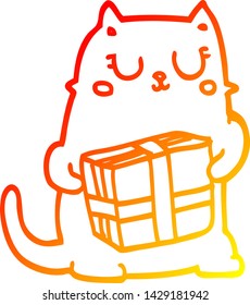 desenho de linha gradiente quente de um gato de Natal de desenho animado
