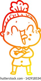 warm gradient line drawing of a cartoon happy old woman