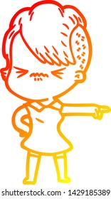 dibujo de línea de gradiente cálido de una hipster fastidiada de dibujos animados