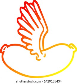 dibujo de línea de gradiente cálido de una salchicha voladora de dibujos animados