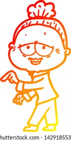 warm gradient line drawing of a cartoon happy old lady