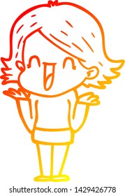 warm gradient line drawing of a cartoon happy woman