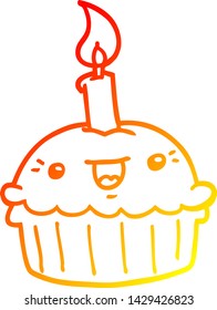 warm gradient line drawing of a cartoon cupcake with candle