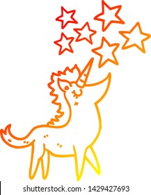 warm gradient line drawing of a cartoon unicorn