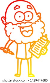 warme Farbverlauf-Linie Zeichnung eines Cartoon-verrückten Mann mit Bart und Clip-Board für Notizen