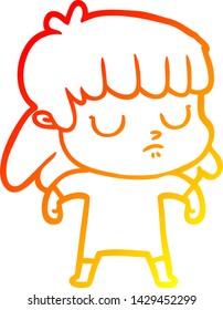 warm gradient line drawing of a cartoon indifferent woman