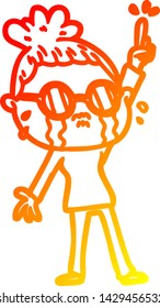 warm gradient line drawing of a cartoon crying woman wearing spectacles