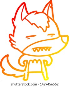 dibujo de línea de gradiente cálido de un lobo de dibujos animados que muestra dientes