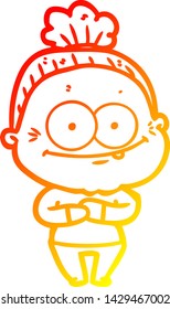 warm gradient line drawing of a cartoon happy old woman