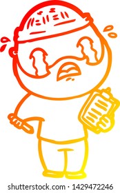 dibujo de línea de gradiente cálido de un hombre barbudo de dibujos animados llorando
