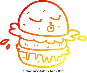 warm gradient line drawing of a cartoon fast food burger