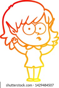 warm gradient line drawing of a cartoon elf girl staring