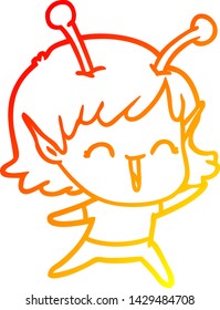 dibujo de una línea de degradado cálido de una chica alienígena que se ríe