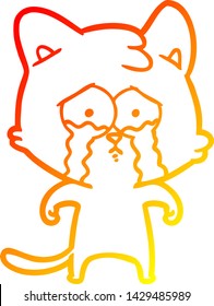 warm gradient line drawing of a cartoon crying cat