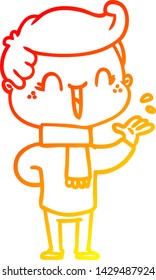 desenho de linha gradiente quente de um menino risonho de desenho animado