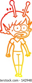 warm gradient line drawing of a cartoon shocked alien girl