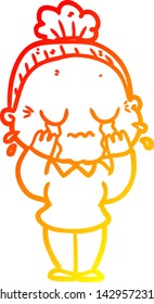 warm gradient line drawing of a cartoon crying old lady