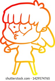 warm gradient line drawing of a cartoon whistling girl