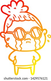 warm gradient line drawing of a cartoon crying woman wearing sunglasses