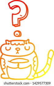 warme Farbverlauf-Linienzeichnung einer Cartoon-Katze mit Fragezeichen