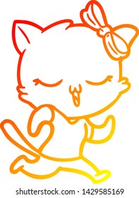 dibujo de línea de degradado cálido de un gato de dibujos animados con arco sobre la cabeza