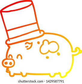 warme Farbverlauf-Linienzeichnung eines Cartoon-Schweins mit Oberhut