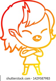 warm gradient line drawing of a cartoon laughing vampire girl with crossed arms