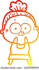 warm gradient line drawing of a cartoon happy old woman