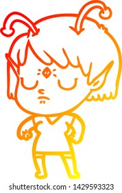 warm gradient line drawing of a cartoon alien girl