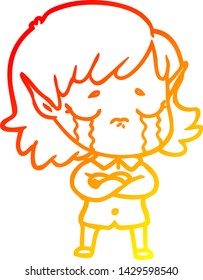 warm gradient line drawing of a cartoon crying elf girl