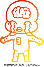 dibujo de línea de gradiente cálido de una caricatura de un gran extraterrestre cerebral llorando